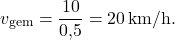 \[v_\text{gem} = \frac{10}{0{,}5} = 20 \,\text{km/h}.\]